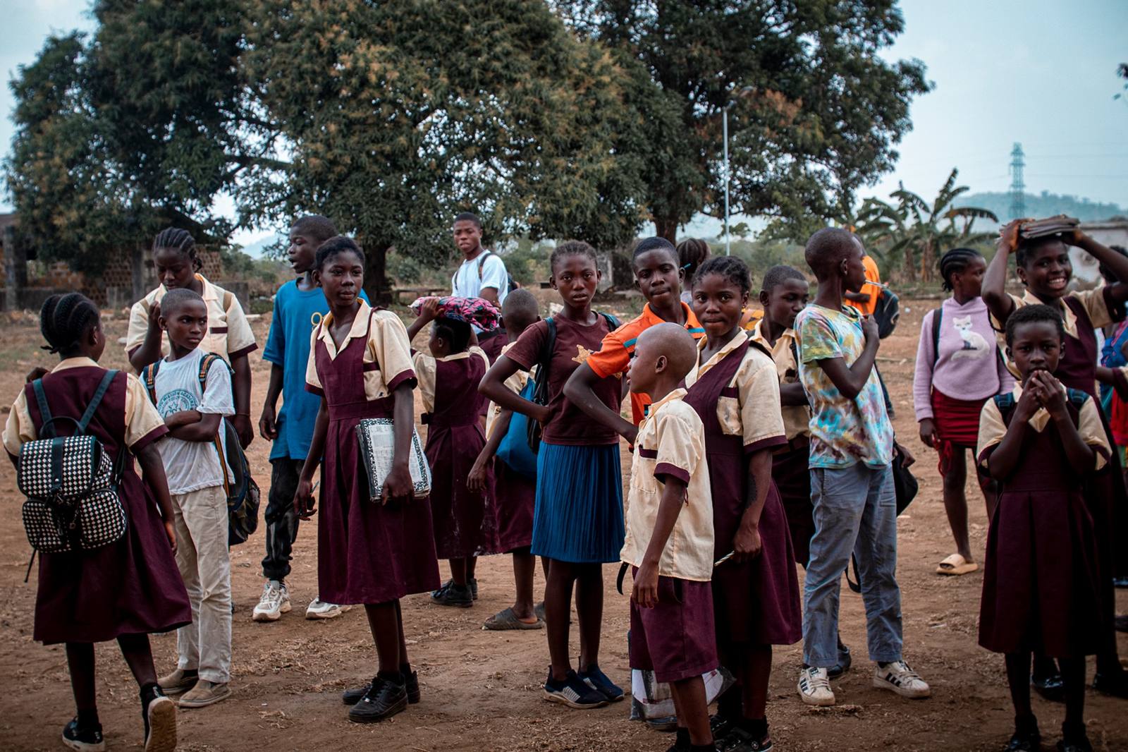 Students gathered outside a school